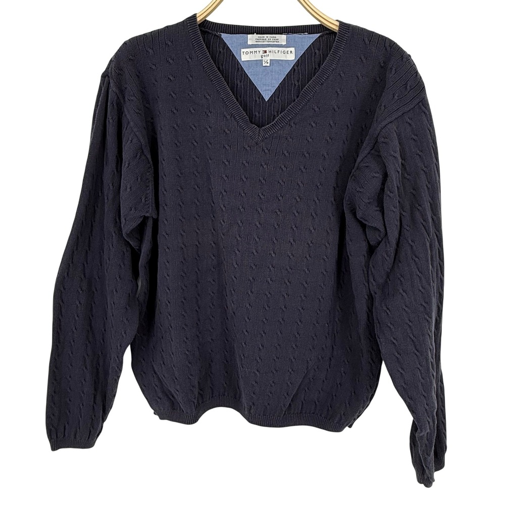Tommy Hilfiger V-Neck Sweater Mens Large Navy Blue Excellent Cable Knit Cotton